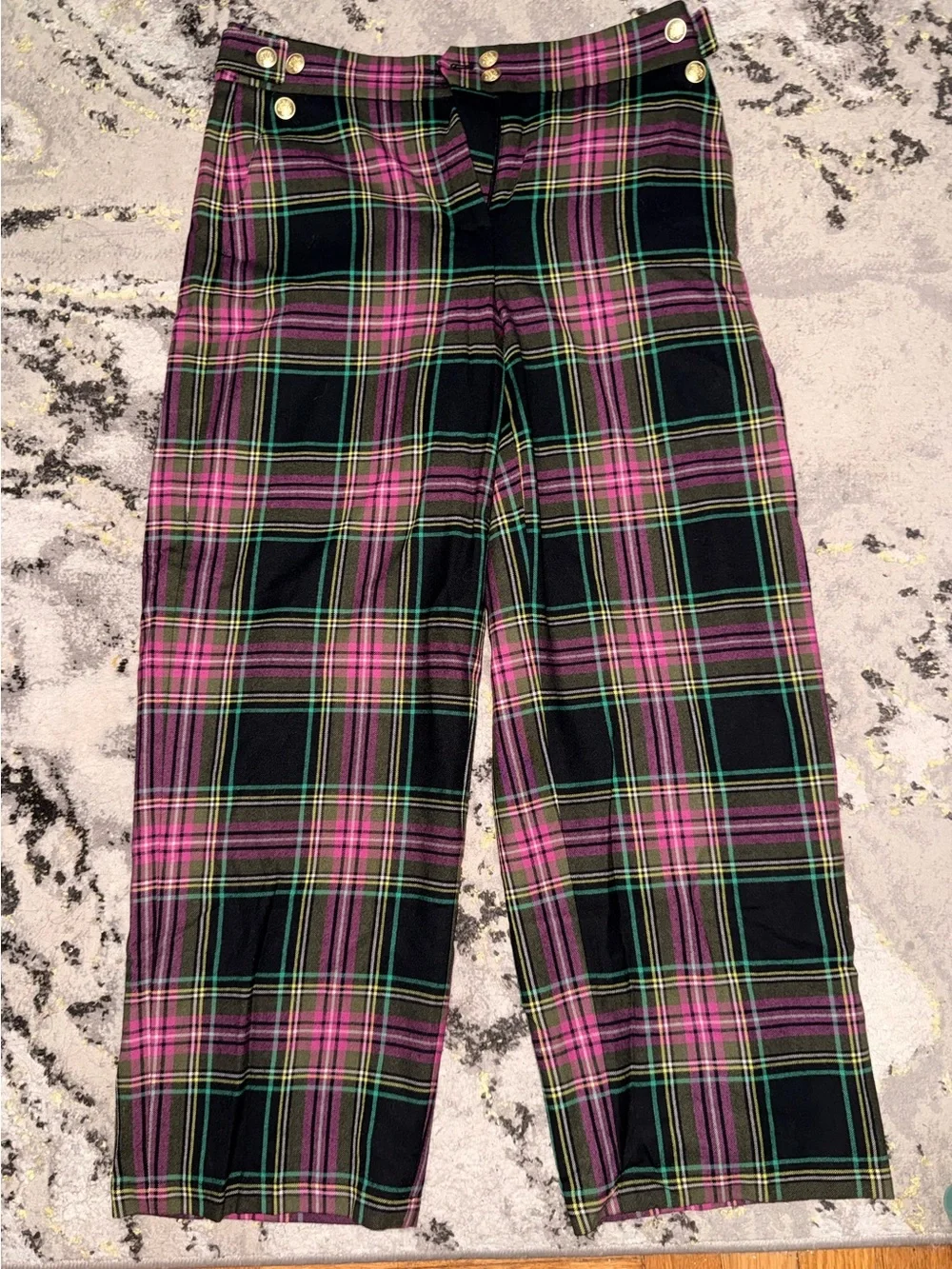 J. Crew Black Plaid Pull-On Pants with Pink & Green Stripes